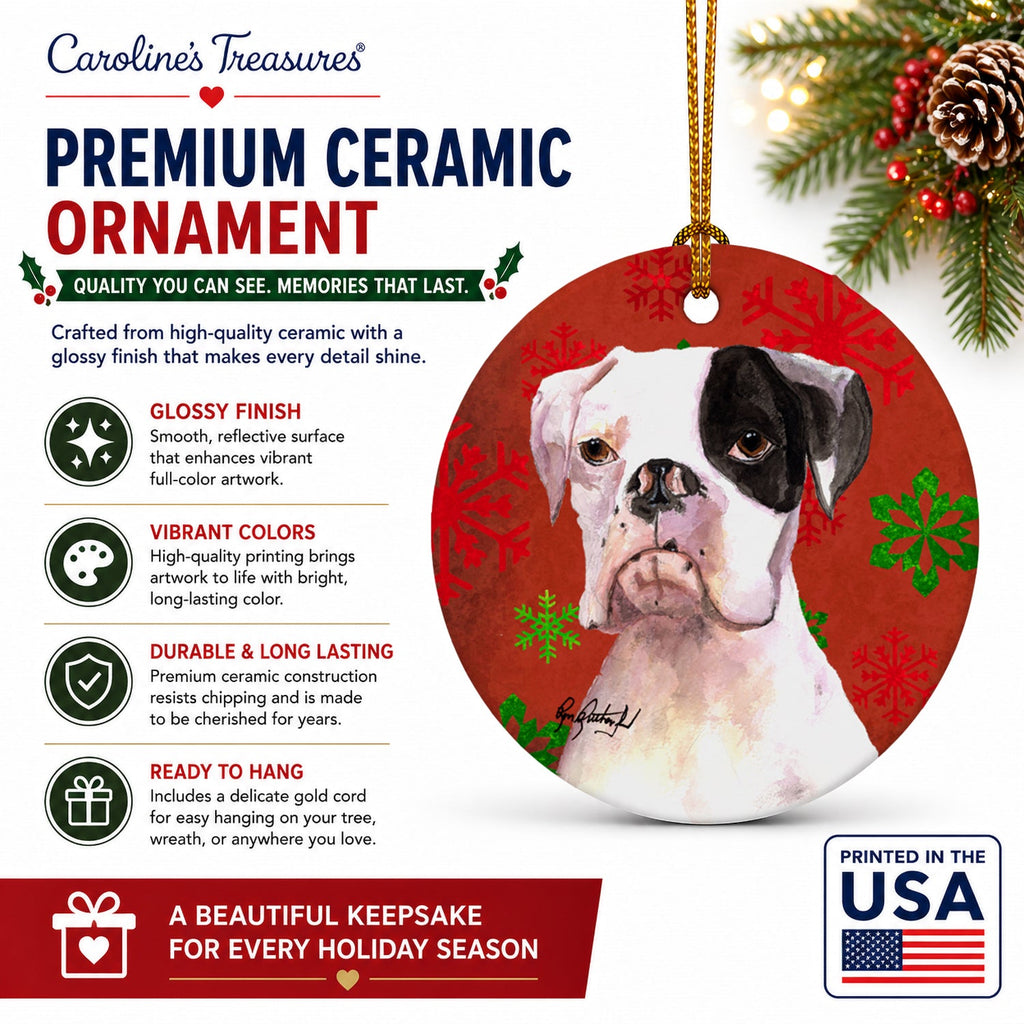 White Boxer Cooper Winter Snowflakes Ceramic Ornament Christmas Tree Hanging Decorations for Home Christmas Holiday, Party, Gift, 3 in, Multicolor