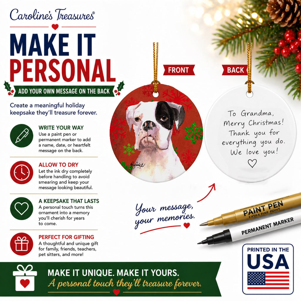 White Boxer Cooper Winter Snowflakes Ceramic Ornament Christmas Tree Hanging Decorations for Home Christmas Holiday, Party, Gift, 3 in, Multicolor