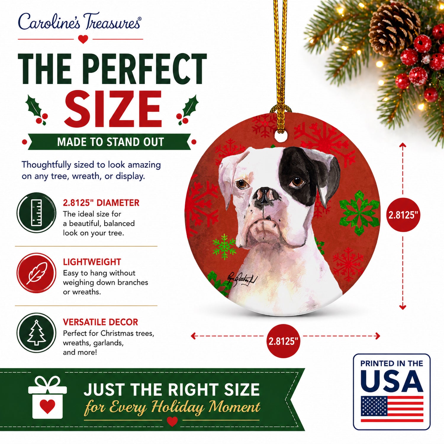 White Boxer Cooper Winter Snowflakes Ceramic Ornament Christmas Tree Hanging Decorations for Home Christmas Holiday, Party, Gift, 3 in, Multicolor