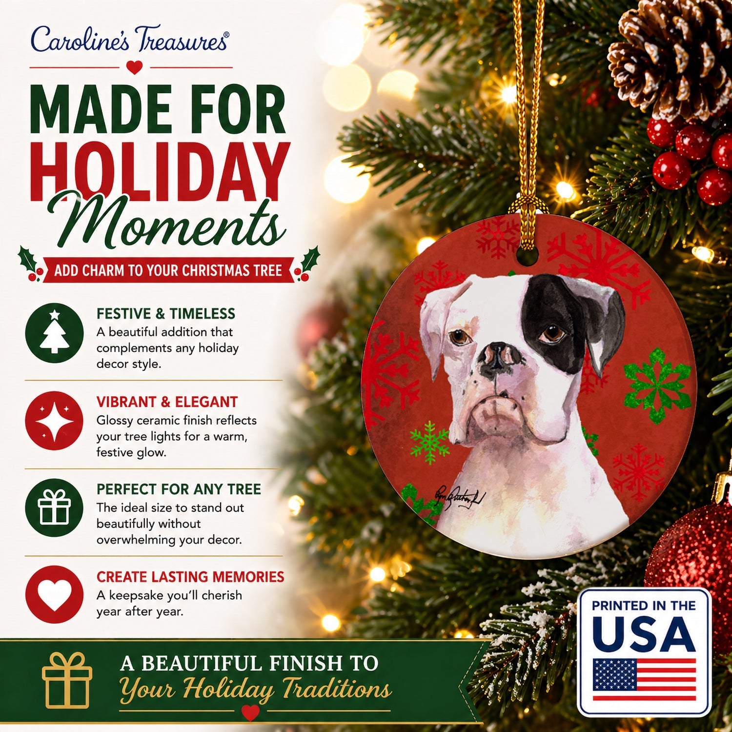 White Boxer Cooper Winter Snowflakes Ceramic Ornament Christmas Tree Hanging Decorations for Home Christmas Holiday, Party, Gift, 3 in, Multicolor
