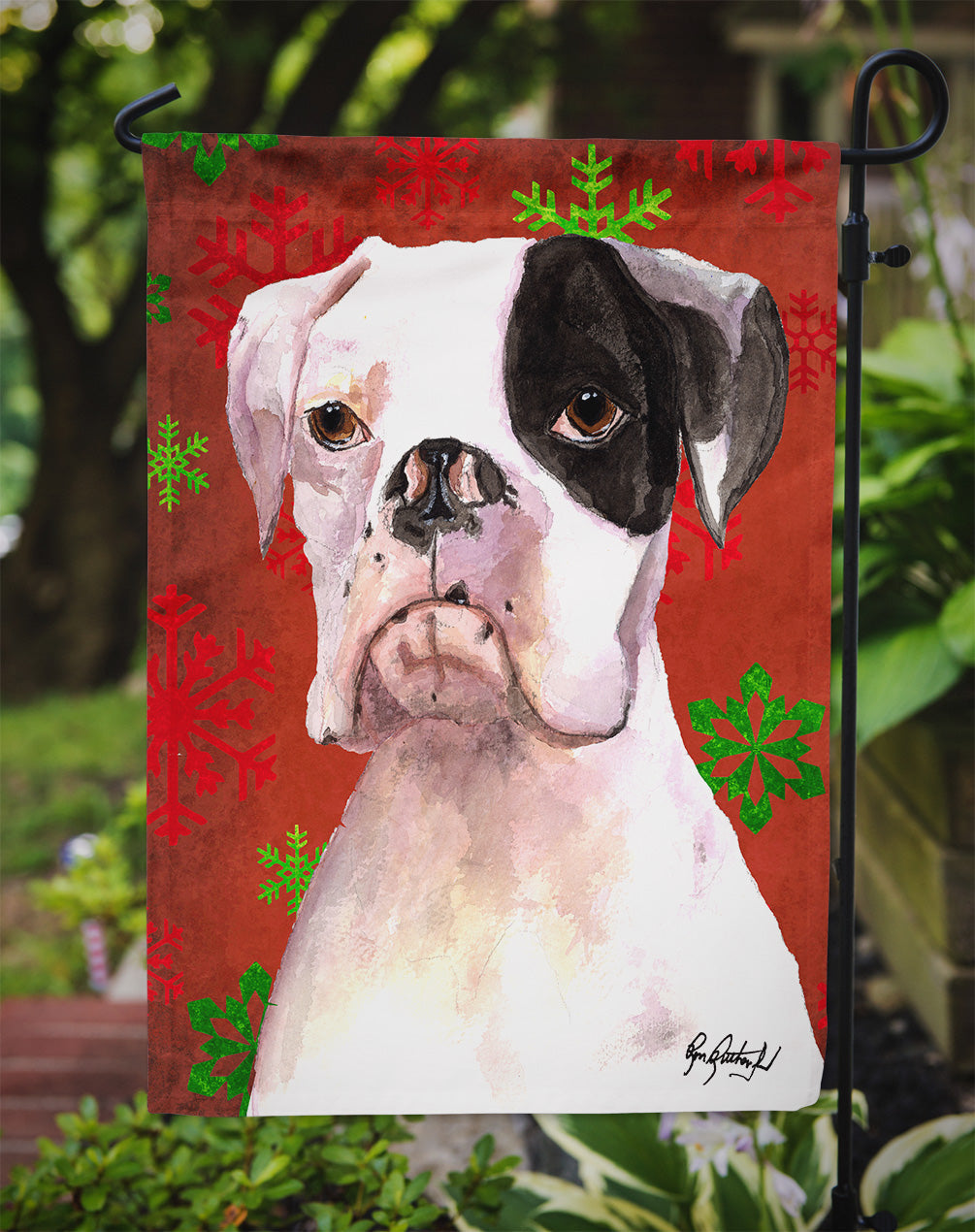 White Boxer Cooper Winter Snowflakes Garden Flag Mailbox Decorative Yard Banner Outside Patio Artwork for Flower Beds, Garden Size, Multicolor