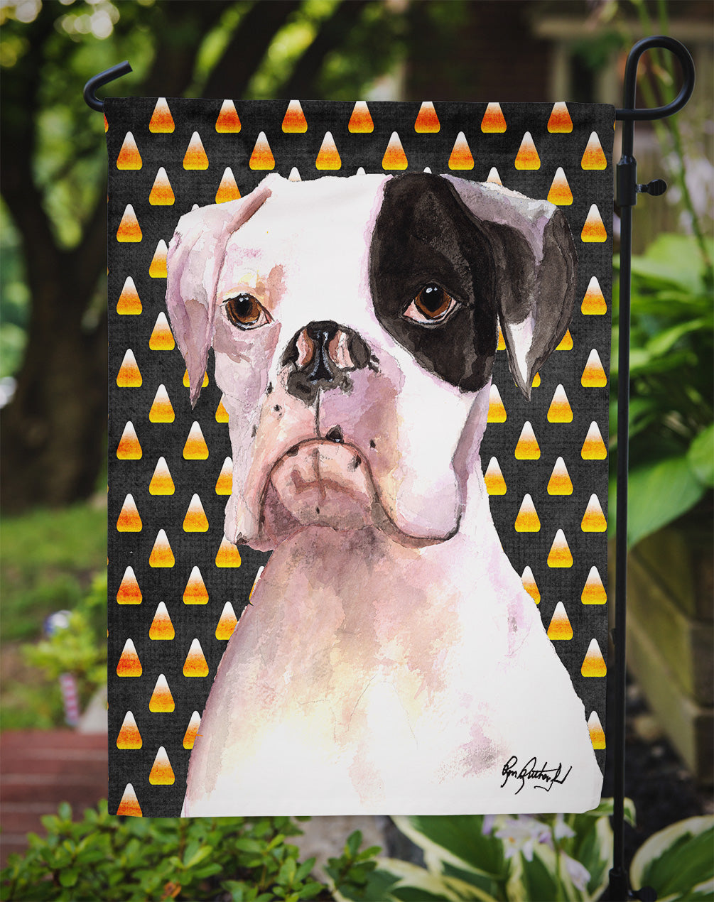 White Boxer Cooper Candy Corn Garden Flag Mailbox Decorative Yard Banner Outside Patio Artwork for Flower Beds, Garden Size, Multicolor
