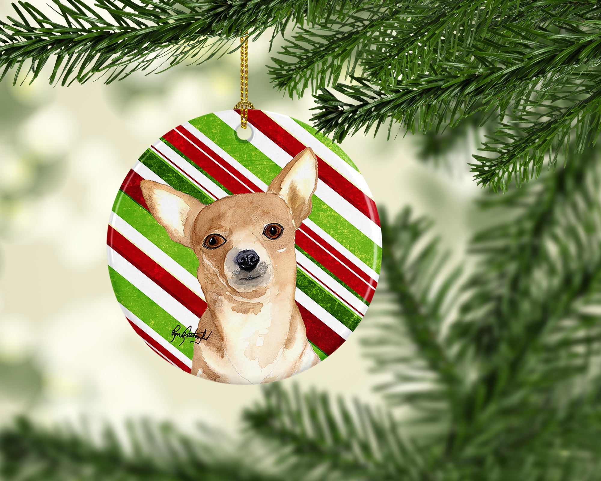 Chihuahua Candy Cane Christmas Ceramic Ornament Christmas Tree Hanging Decorations for Home Christmas Holiday, Party, Gift, 3 in, Multicolor