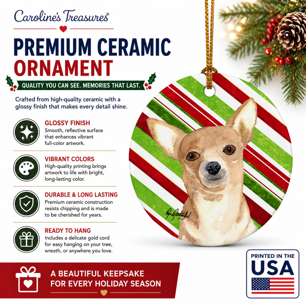Chihuahua Candy Cane Christmas Ceramic Ornament Christmas Tree Hanging Decorations for Home Christmas Holiday, Party, Gift, 3 in, Multicolor