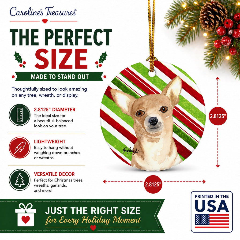 Chihuahua Candy Cane Christmas Ceramic Ornament Christmas Tree Hanging Decorations for Home Christmas Holiday, Party, Gift, 3 in, Multicolor