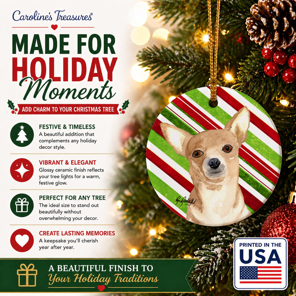 Chihuahua Candy Cane Christmas Ceramic Ornament Christmas Tree Hanging Decorations for Home Christmas Holiday, Party, Gift, 3 in, Multicolor