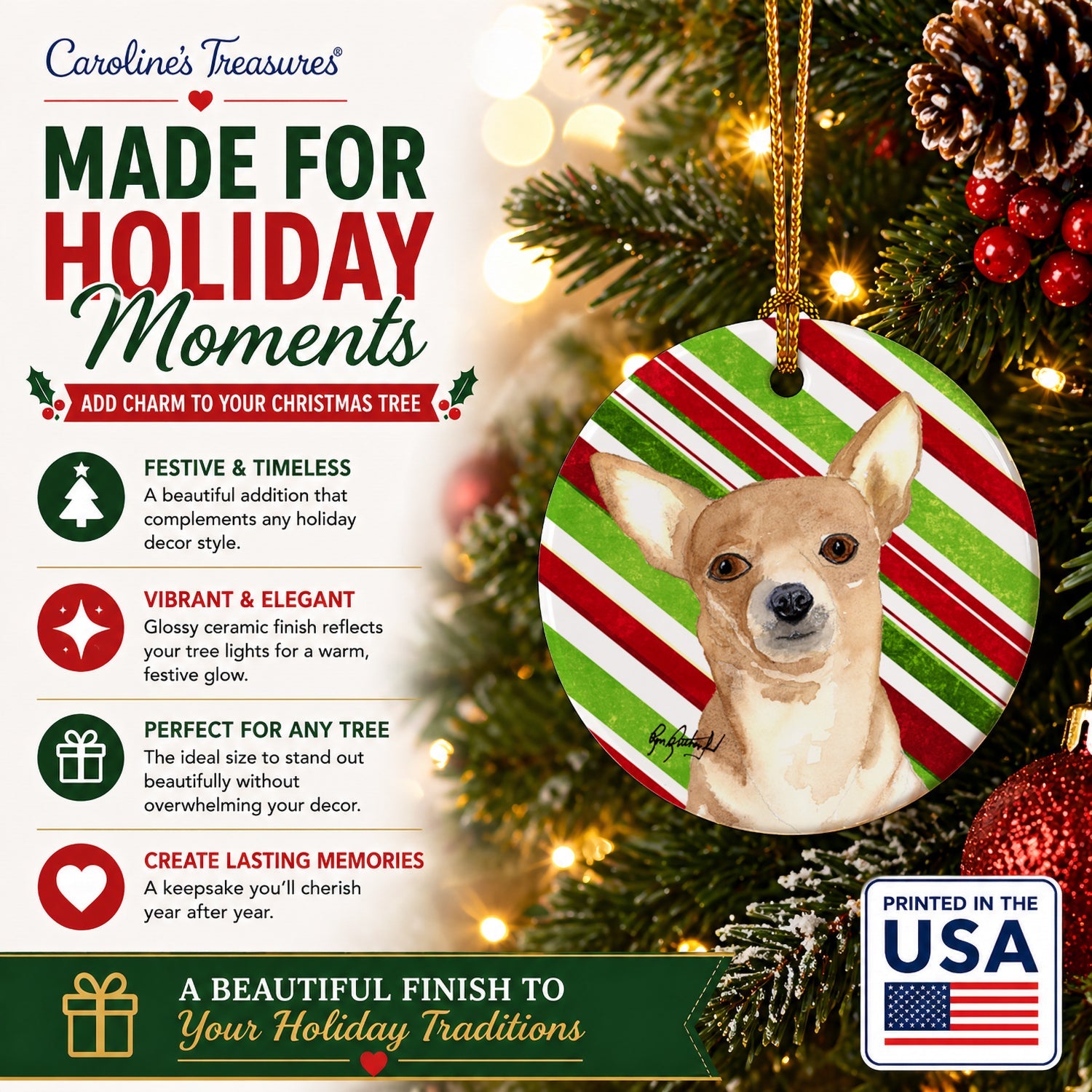 Chihuahua Candy Cane Christmas Ceramic Ornament Christmas Tree Hanging Decorations for Home Christmas Holiday, Party, Gift, 3 in, Multicolor