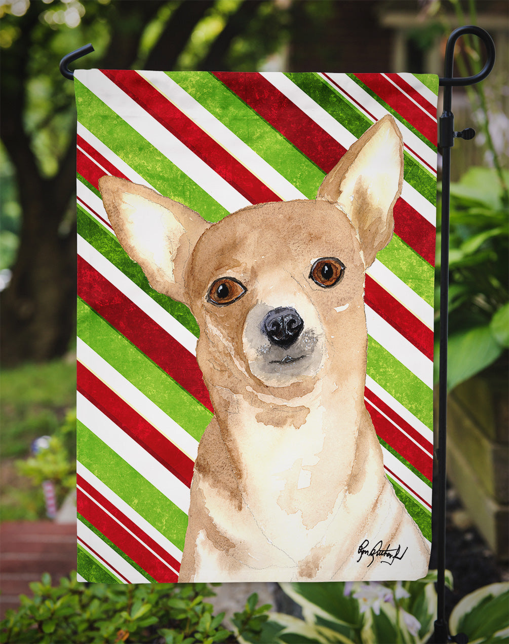 Chihuahua Candy Cane Christmas Garden Flag Mailbox Decorative Yard Banner Outside Patio Artwork for Flower Beds, Garden Size, Multicolor