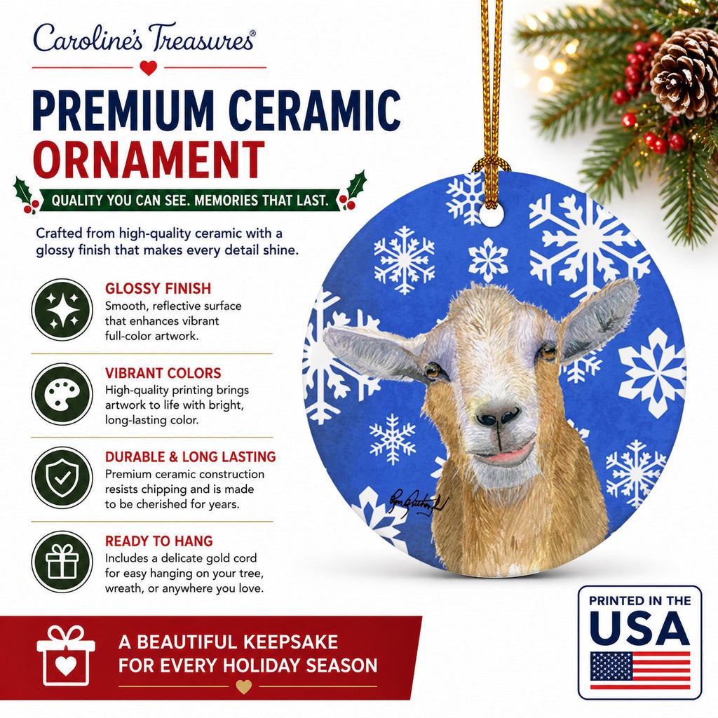 Goat Winter Snowflakes Holiday Ceramic Ornament Christmas Tree Hanging Decorations for Home Christmas Holiday, Party, Gift, 3 in, Multicolor