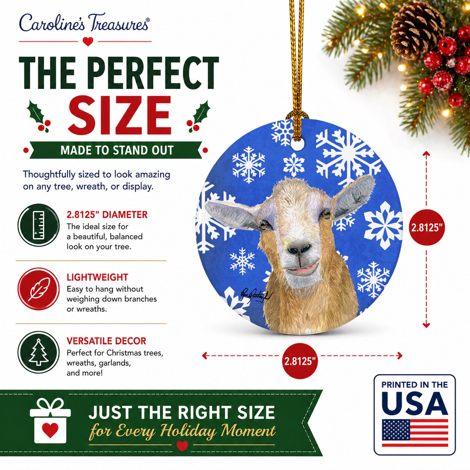 Goat Winter Snowflakes Holiday Ceramic Ornament Christmas Tree Hanging Decorations for Home Christmas Holiday, Party, Gift, 3 in, Multicolor