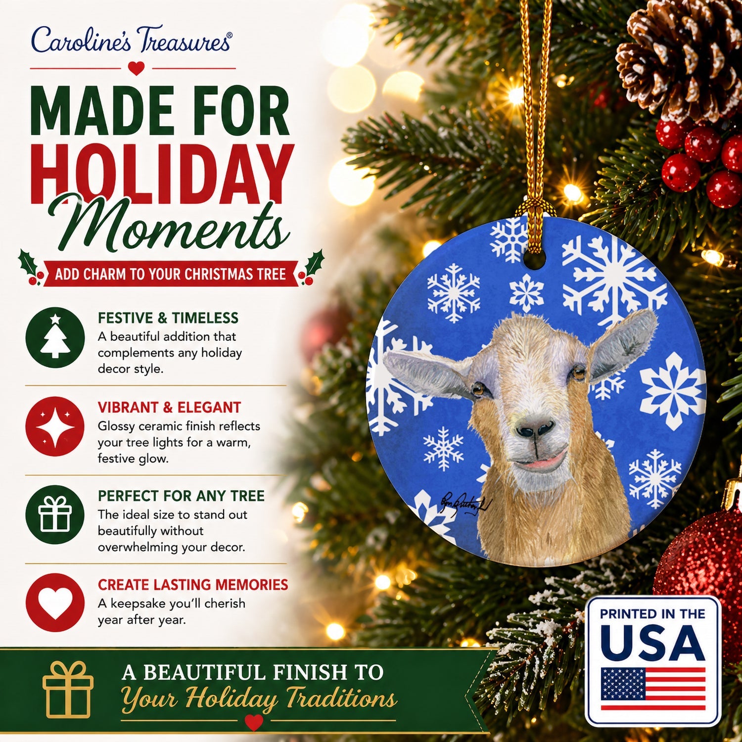 Goat Winter Snowflakes Holiday Ceramic Ornament Christmas Tree Hanging Decorations for Home Christmas Holiday, Party, Gift, 3 in, Multicolor