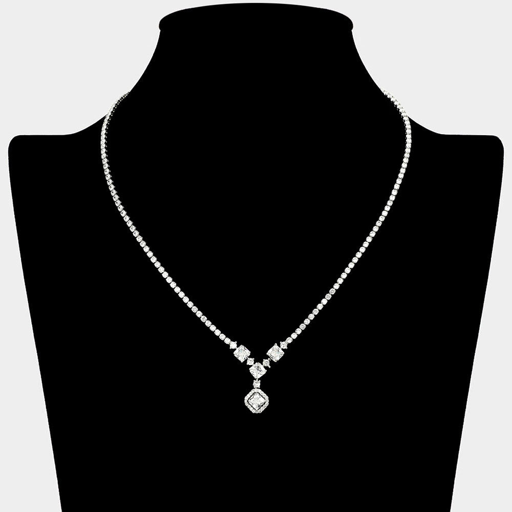 Square CZ Stone Pendant Drop Rhinestone Paved Necklace