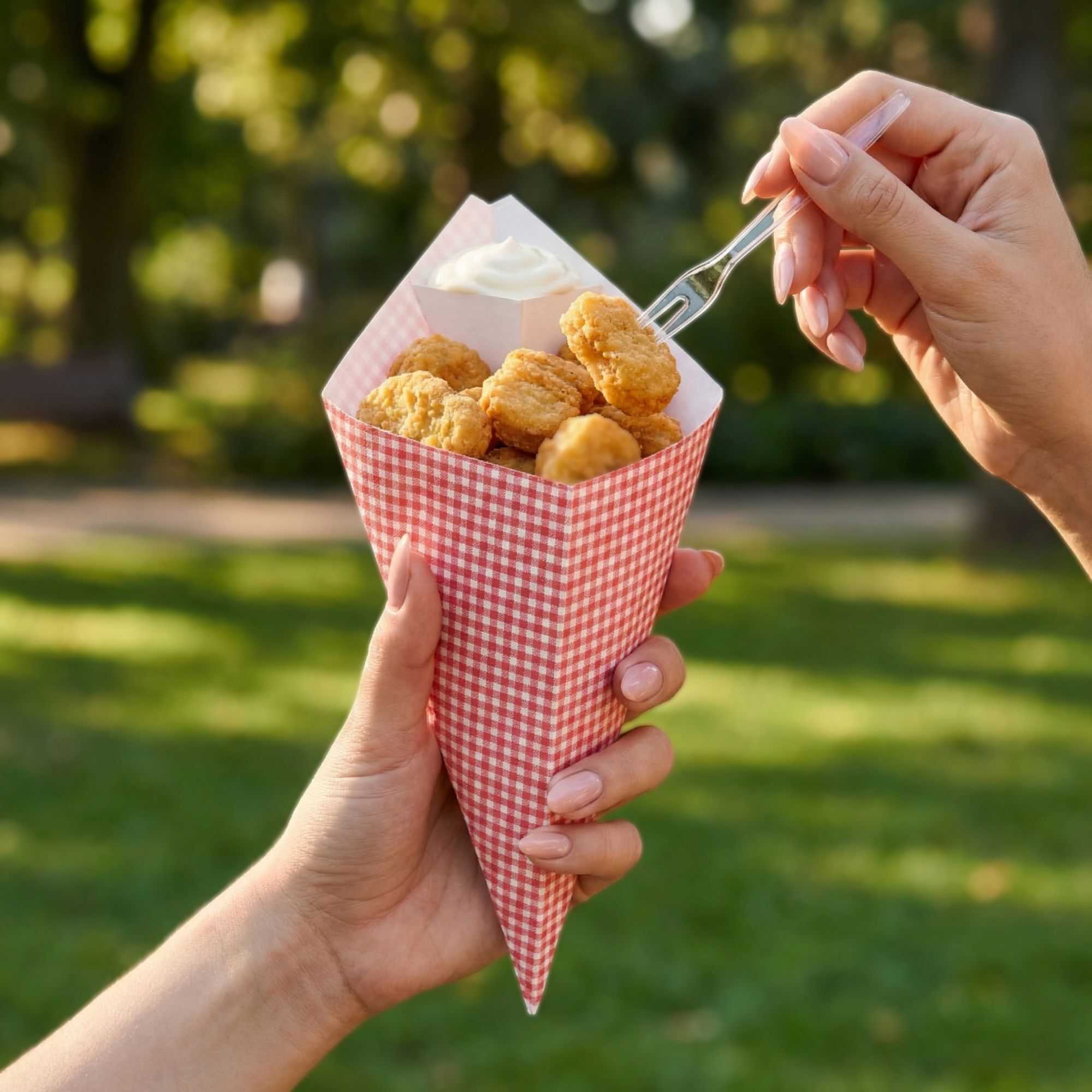 Cone Tek Picnic Print Paper Food Cone - with Dipping Pocket - 9 1/2" x 5 1/2" - 100 count box