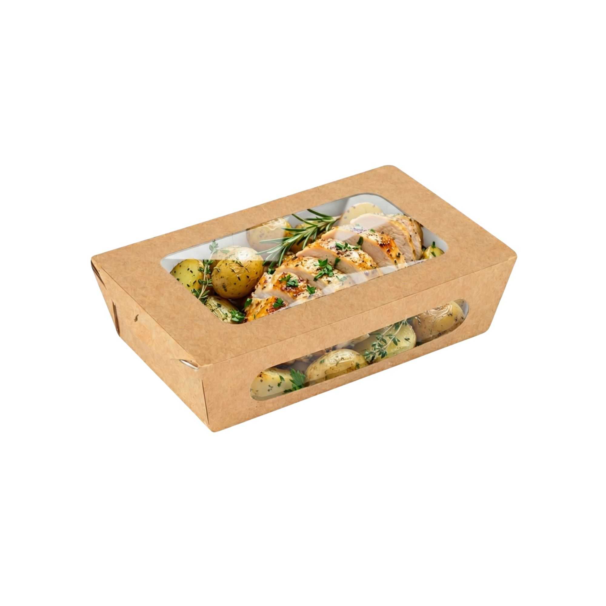 Cafe Vision 35 oz Rectangle Kraft Paper Medium Bio Take Out Container - Two Windows - 8" x 4 3/4" x 2" - 200 count box