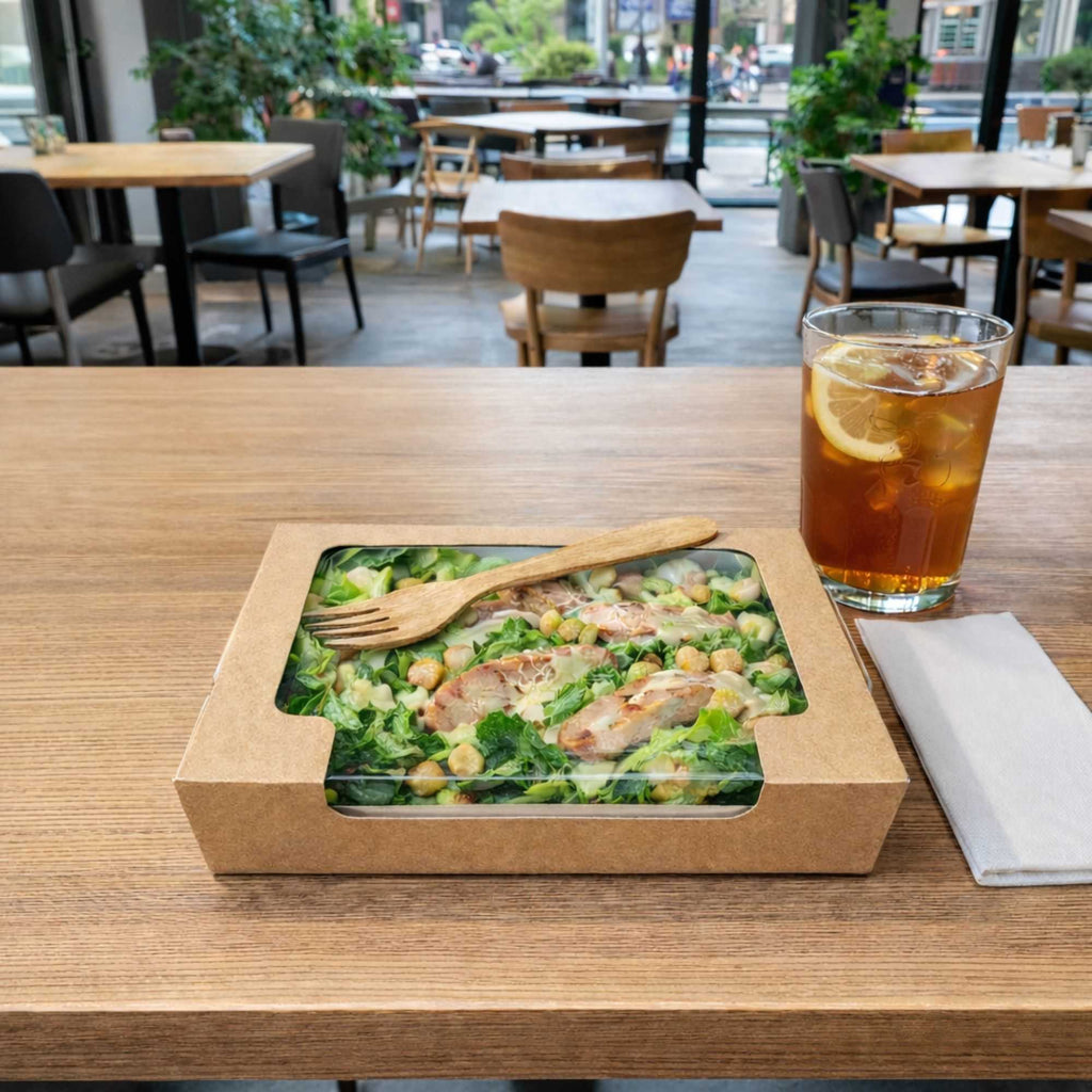 Cafe Vision 40 oz Rectangle Kraft Paper Large Bio Salad Box - 8 1/4" x 6 1/4" x 1 1/2" - 200 count box