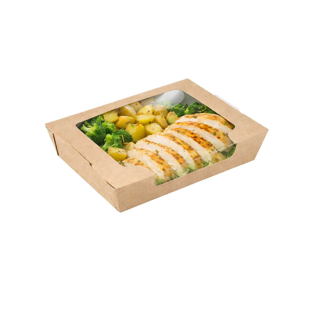 Cafe Vision 40 oz Rectangle Kraft Paper Large Bio Salad Box - 8 1/4" x 6 1/4" x 1 1/2" - 200 count box