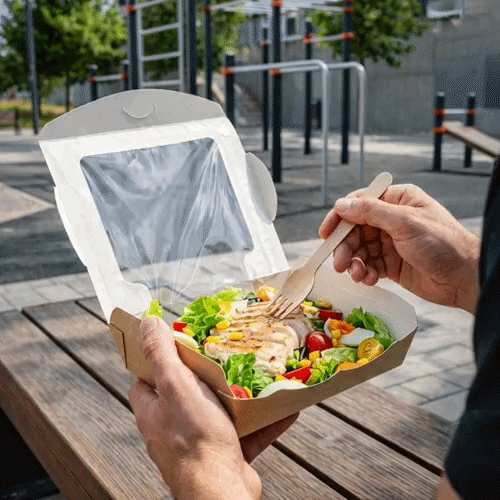 Cafe Vision 40 oz Rectangle Kraft Paper Large Bio Salad Box - 8 1/4" x 6 1/4" x 1 1/2" - 200 count box