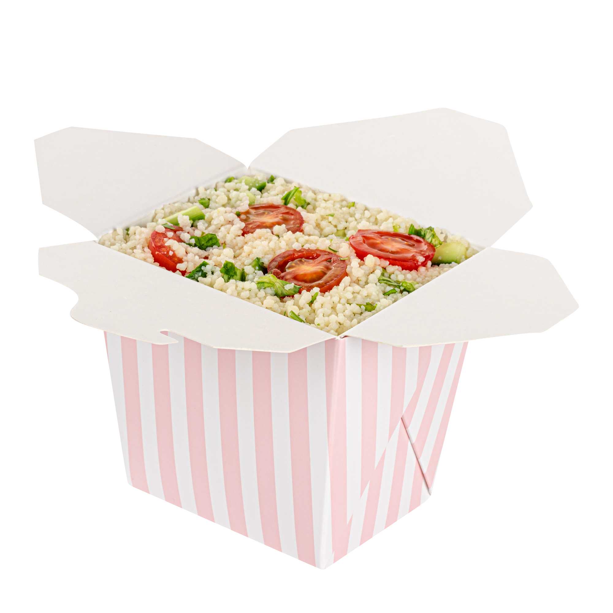 Bio Tek 16 oz Square Pink and White Stripe Paper Noodle Take Out Container - 3 1/2" x 3" x 3 1/4" - 200 count box