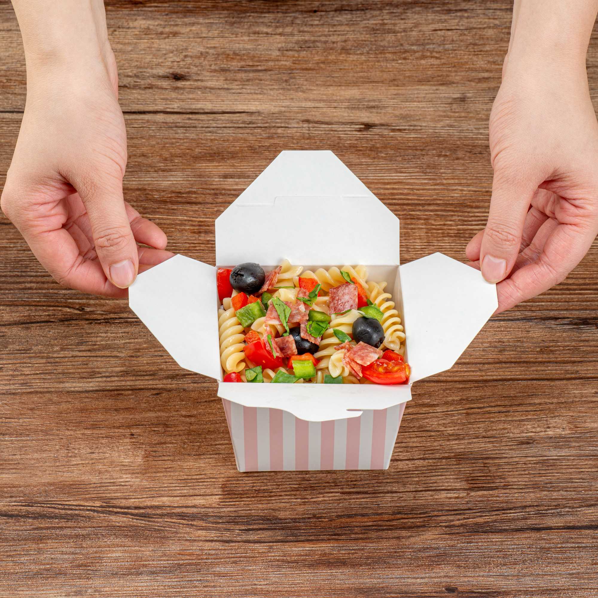 Bio Tek 16 oz Square Pink and White Stripe Paper Noodle Take Out Container - 3 1/2" x 3" x 3 1/4" - 200 count box