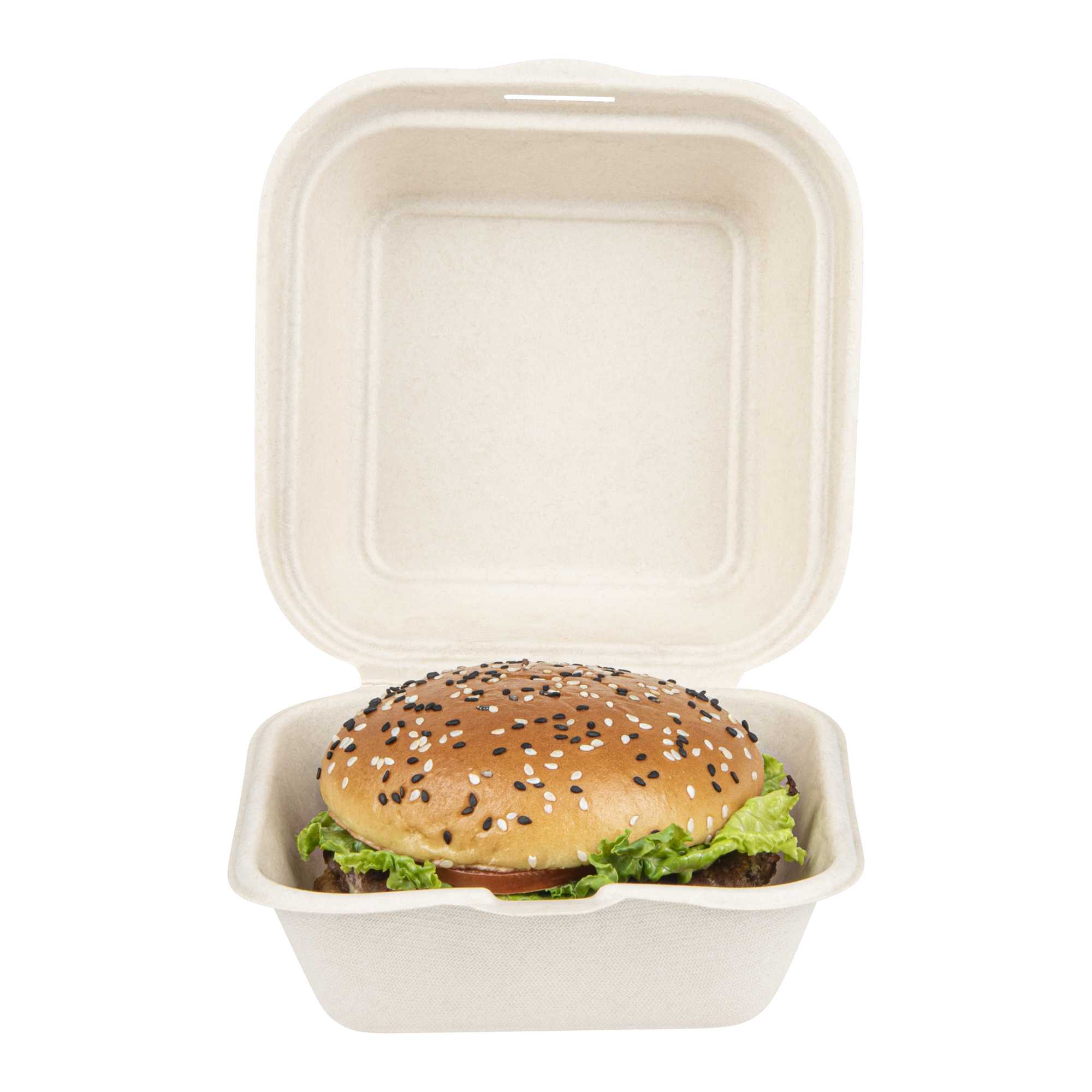 Pulp Tek 15 oz Square White Sugarcane / Bagasse Clamshell Container - 6" x 6" x 3" - 100 count box