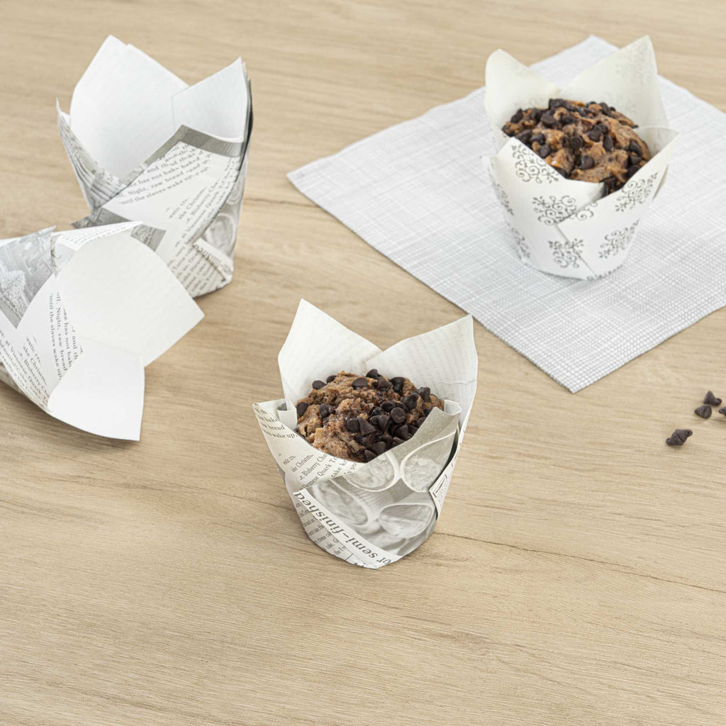 Panificio 3.5 oz Tulip Newsprint Paper Tall Baking Cup - 3 1/4" x 3 1/4" x 3 1/4" - 200 count box