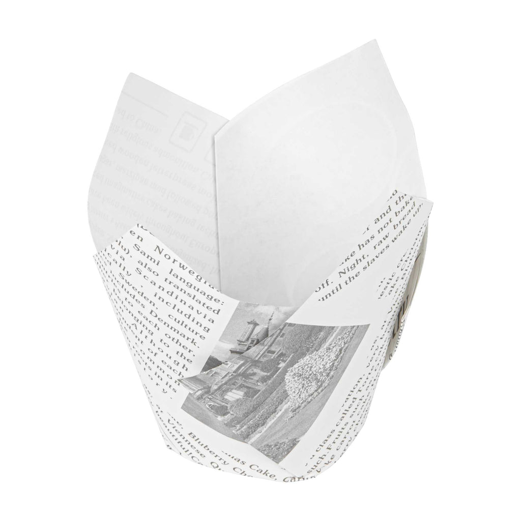 Panificio 3.5 oz Tulip Newsprint Paper Tall Baking Cup - 3 1/4" x 3 1/4" x 3 1/4" - 200 count box