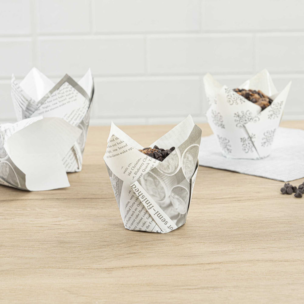 Panificio 3.5 oz Tulip Newsprint Paper Tall Baking Cup - 3 1/4" x 3 1/4" x 3 1/4" - 200 count box