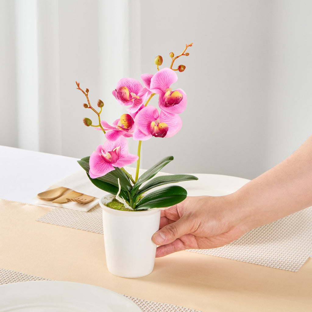 Fiore Round Purple Plastic Orchid in Porcelain Pot - 5 Blooms - 4" x 4" x 14" - 12 count box