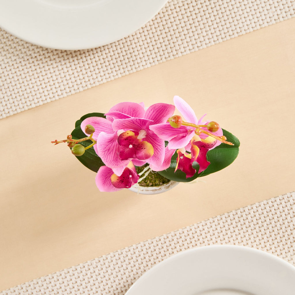 Fiore Round Purple Plastic Orchid in Porcelain Pot - 5 Blooms - 4" x 4" x 14" - 12 count box