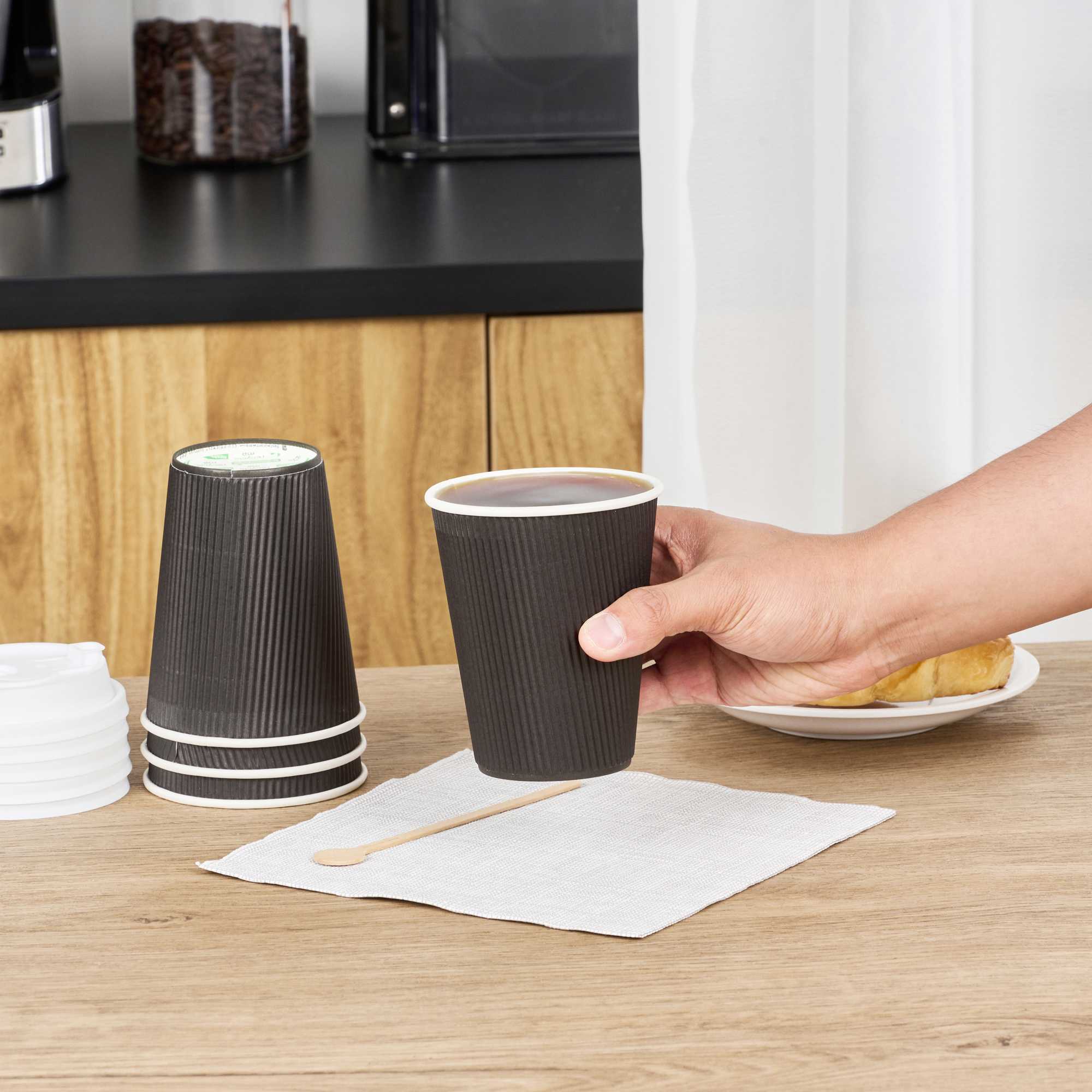 Restpresso 12 oz Black Paper Coffee Cup - Ripple Wall - 3 1/2" x 3 1/2" x 4 1/4" - 500 count box