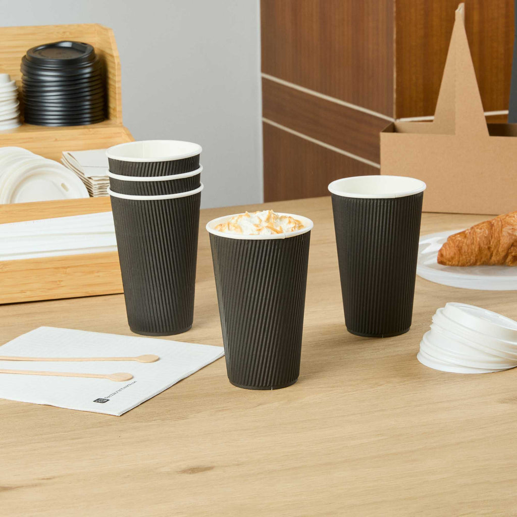 Restpresso 16 oz Black Paper Coffee Cup - Ripple Wall - 3 1/2" x 3 1/2" x 5 1/2" - 500 count box