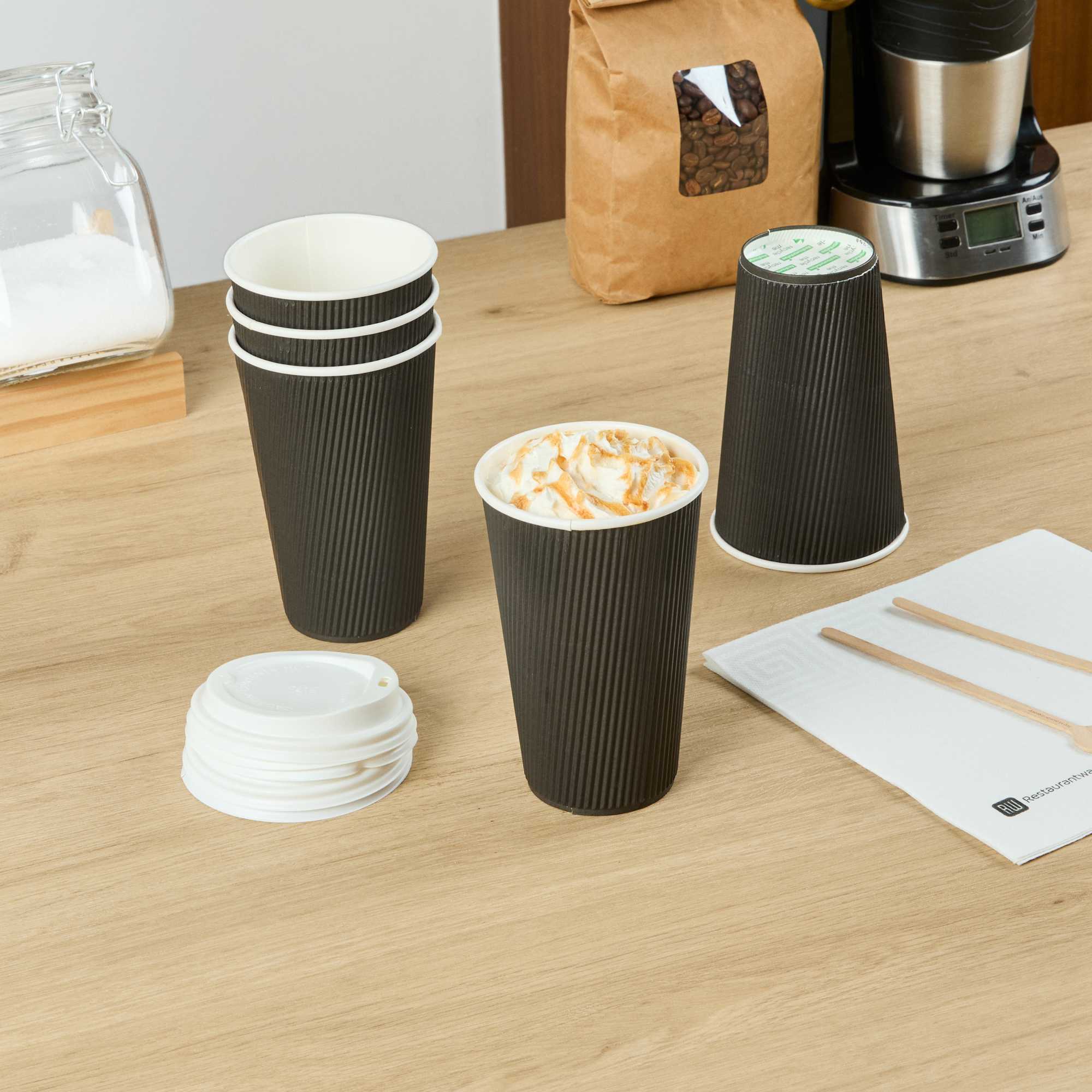 Restpresso 16 oz Black Paper Coffee Cup - Ripple Wall - 3 1/2" x 3 1/2" x 5 1/2" - 500 count box