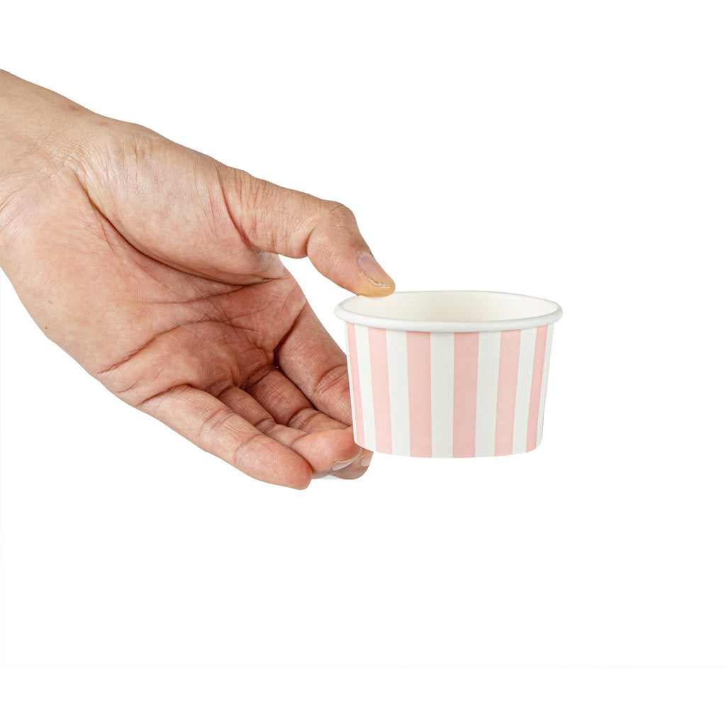 Coppetta 3 oz Round Pink and White Stripe Paper To Go Cup - 3" x 3" x 1 3/4" - 50 count box