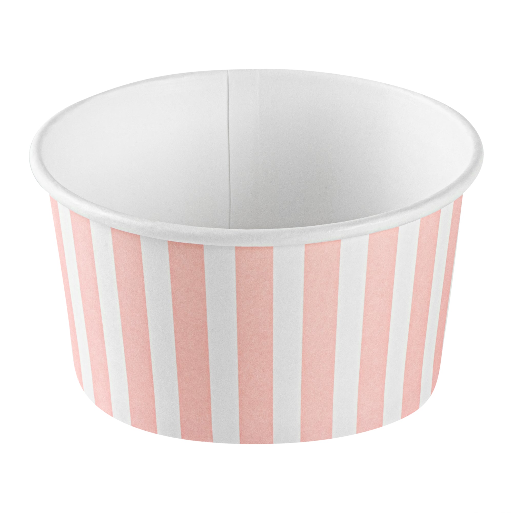 Coppetta 8 oz Round Pink and White Stripe Paper To Go Cup - 3 3/4" x 3 3/4" x 2 1/4" - 50 count box