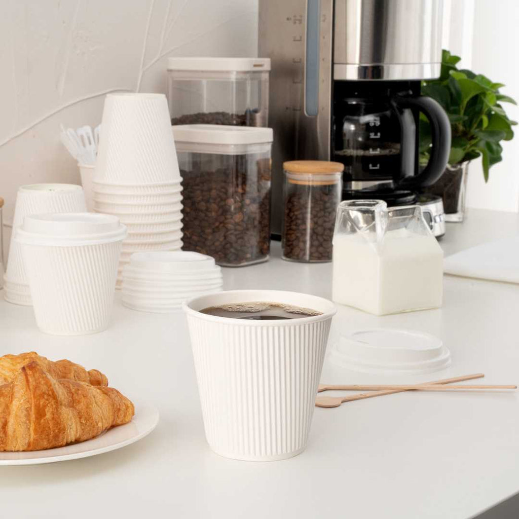 Restpresso 8 oz White Paper Coffee Cup - Ripple Wall - 3 1/2" x 3 1/2" x 3 1/4" - 500 count box