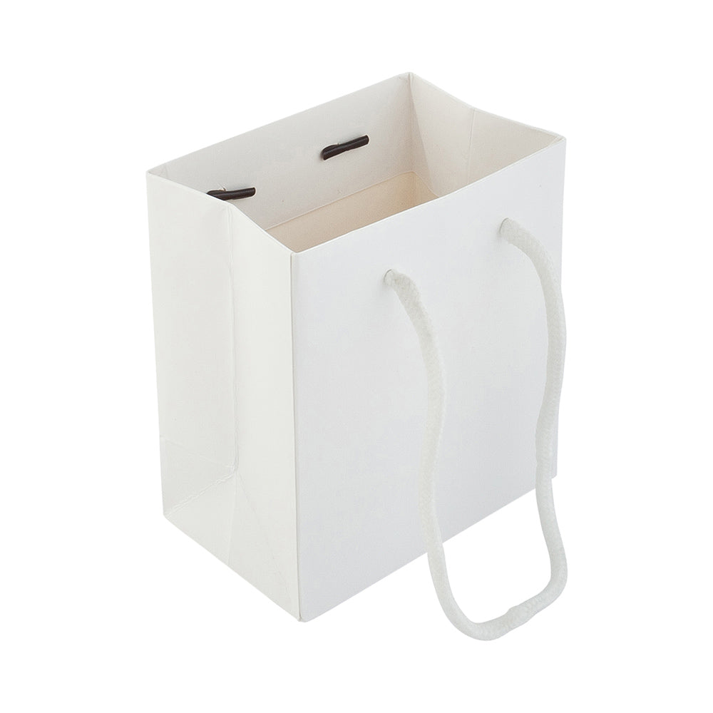 Vogue Rectangle White Paper Extra Small Shopping and Take Out Bag - Glossy, Rope Handles - 5" x 3" x 5 1/2" - 10 count box