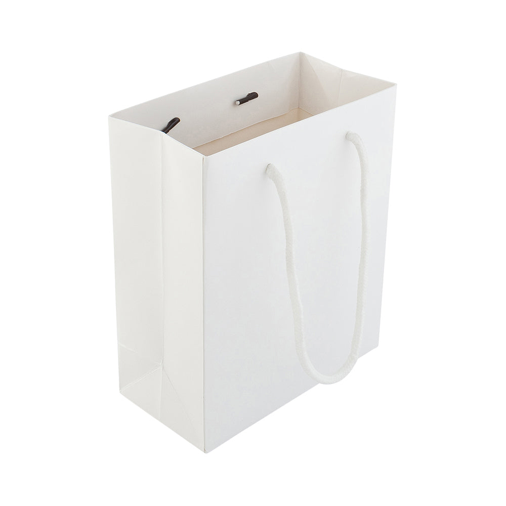 Vogue Rectangle White Paper Small Shopping and Take Out Bag - Glossy, Rope Handles - 6 1/2" x 3 1/4" x 7 1/2" - 10 count box