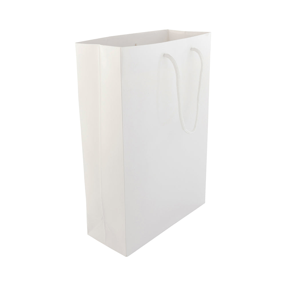 Vogue Rectangle White Paper Large Shopping and Take Out Bag - Glossy, Rope Handles - 9 1/2" x 4" x 14" - 10 count box