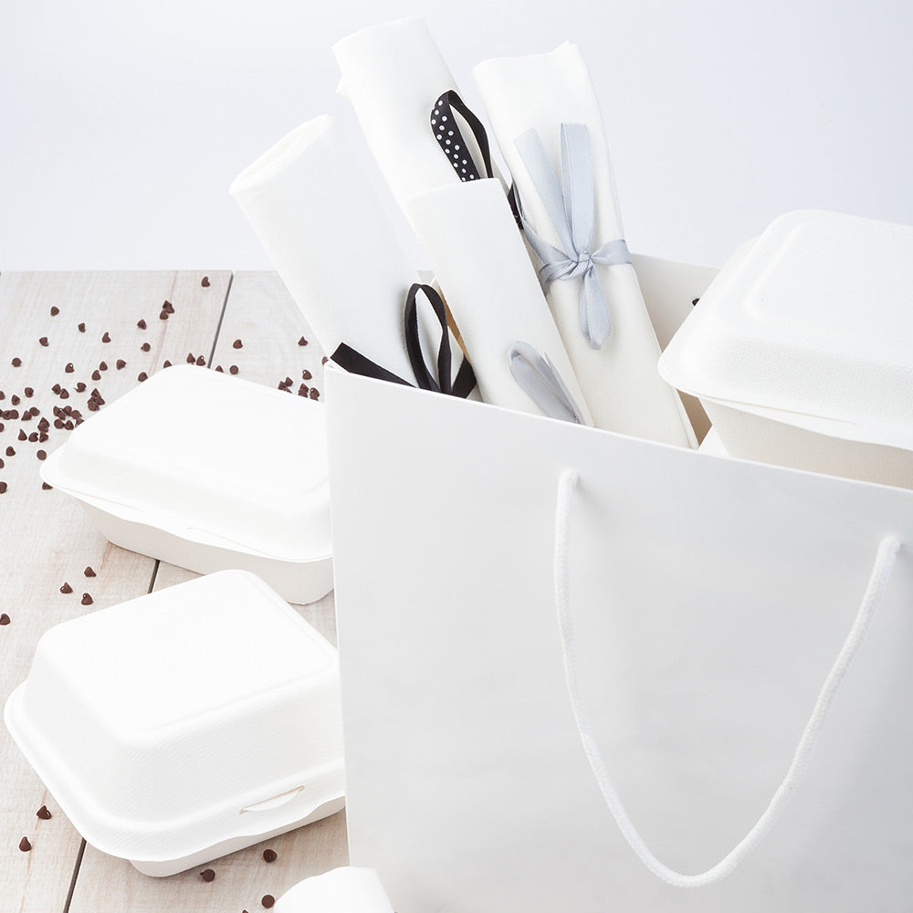 Vogue Rectangle White Paper Extra Large Shopping and Take Out Bag - Glossy, Rope Handles - 12 1/2" x 5" x 10" - 10 count box