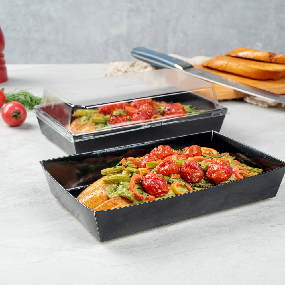 Matsuri Vision Rectangle Black Paper Medium Sushi Tray - 8" x 5" x 1 1/2" - 100 count box