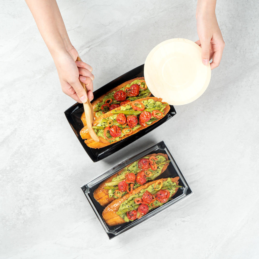 Matsuri Vision Rectangle Black Paper Medium Sushi Tray - 8" x 5" x 1 1/2" - 100 count box