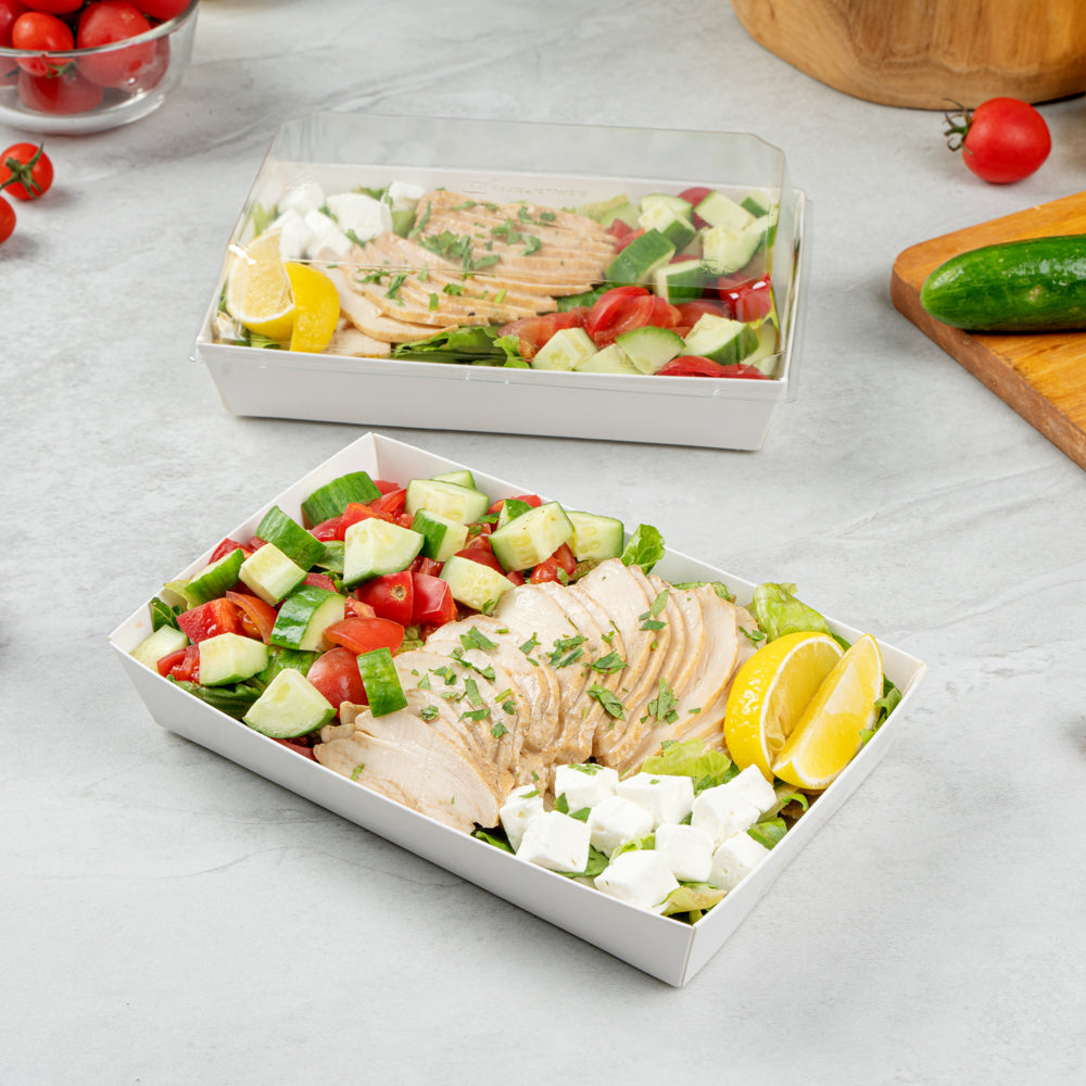 Matsuri Vision Rectangle White Paper Medium Sushi Tray - 8" x 5" x 1 1/2" - 100 count box