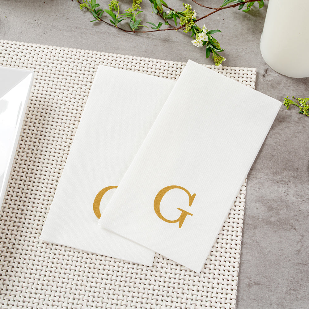 Luxenap Rectangle Gold Letter G White Paper Linen-Feel Guest Towel / Napkin - Air Laid, Sans Serif Font - 15 3/4" x 8" - 2000 count box