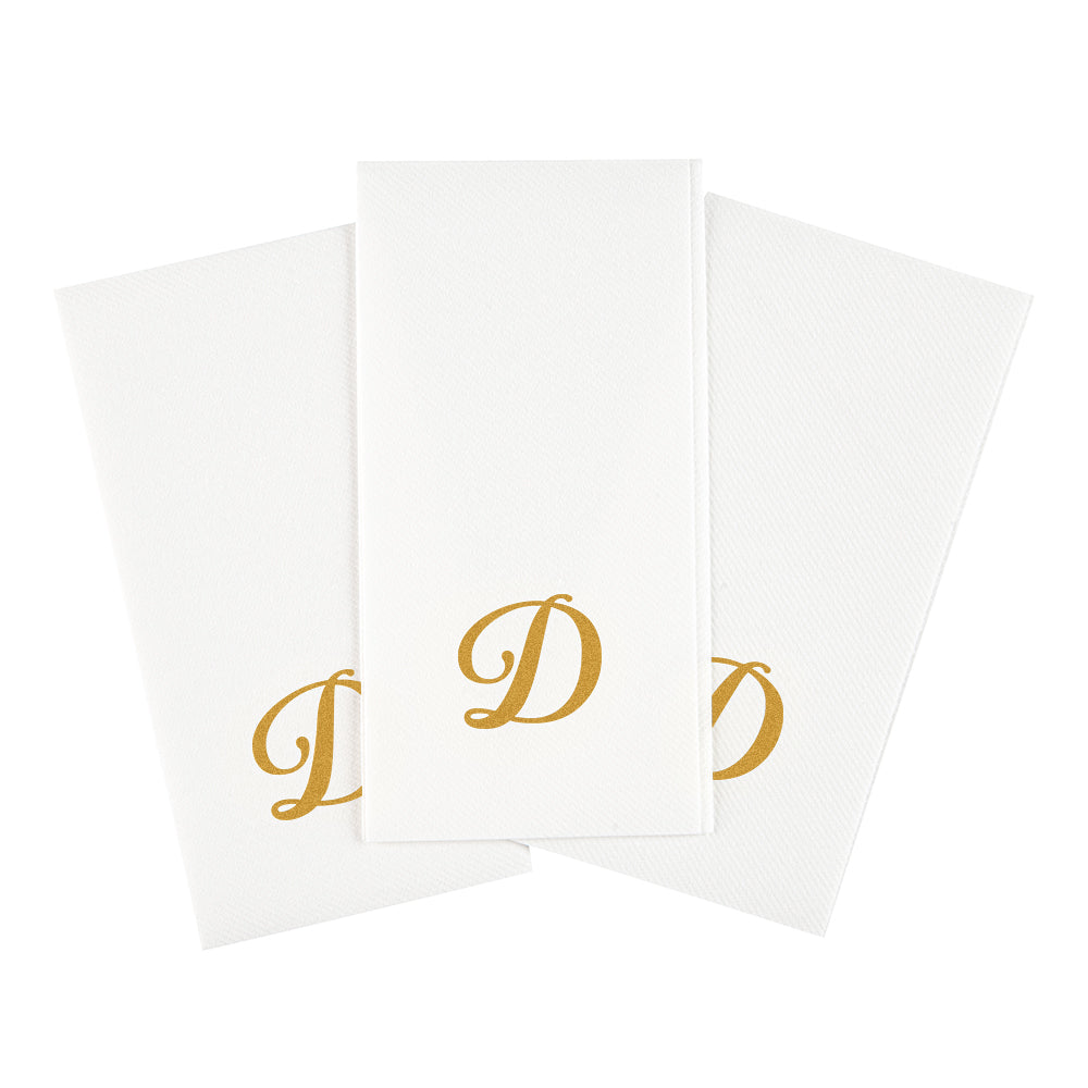 Luxenap Rectangle Gold Letter D White Paper Linen-Feel Guest Towel / Napkin - Air Laid, Cursive Font - 15 3/4" x 8" - 50 count box