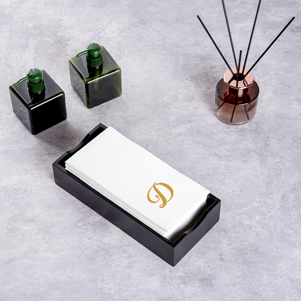 Luxenap Rectangle Gold Letter D White Paper Linen-Feel Guest Towel / Napkin - Air Laid, Cursive Font - 15 3/4" x 8" - 50 count box