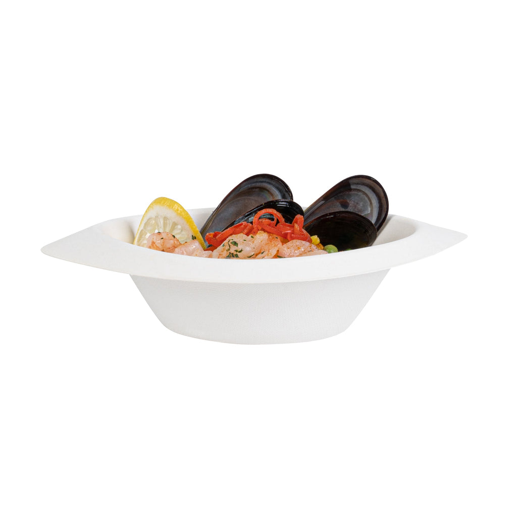 Pulp Safe No PFAS Added 12 oz Oval White Sugarcane / Bagasse Bowl - Home Compostable - 8 1/2" x 5 3/4" x 2 1/4" - 25 count box
