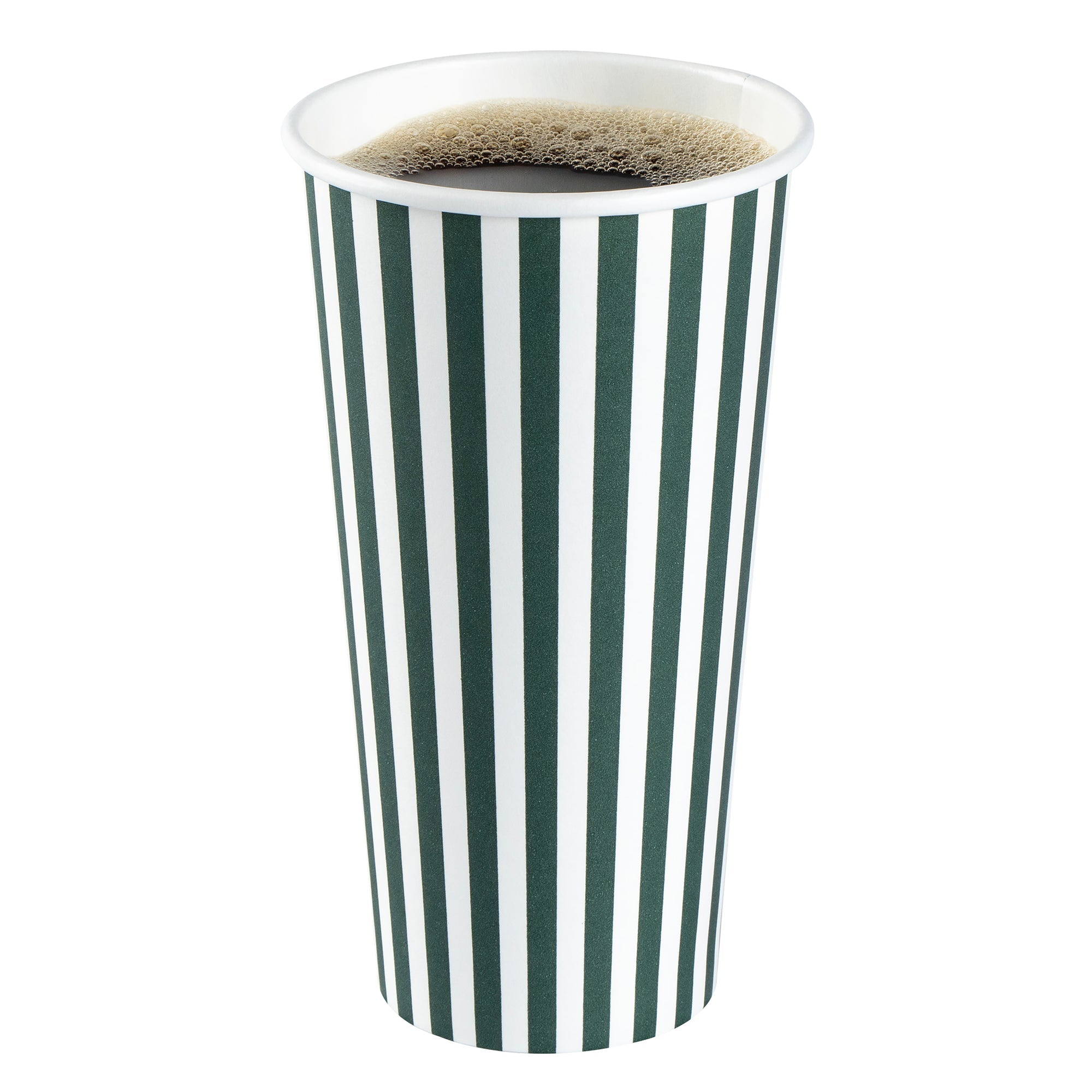 Restpresso 20 oz Forest Green and White Stripe Paper Single Wall Coffee Cup - with White Lid - 3 1/2"x 3 1/2"x 6 1/2" - 20 count box