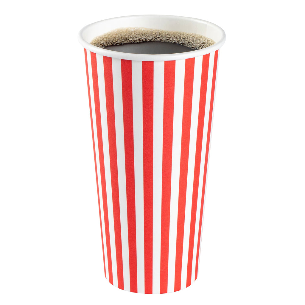 Restpresso 20 oz Red and White Stripe Paper Single Wall Coffee Cup - with White Lid - 3 1/2"x 3 1/2"x 6 1/2" - 400 count box