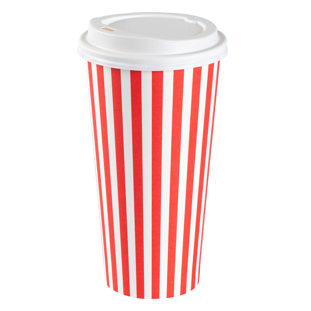 Restpresso 20 oz Red and White Stripe Paper Single Wall Coffee Cup - with White Lid - 3 1/2"x 3 1/2"x 6 1/2" - 400 count box
