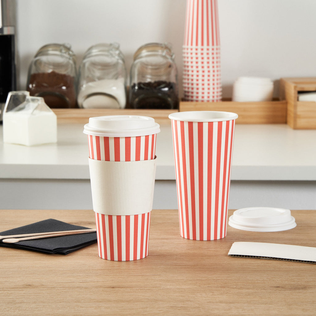 Restpresso 20 oz Red and White Stripe Paper Single Wall Coffee Cup - with White Lid - 3 1/2"x 3 1/2"x 6 1/2" - 400 count box